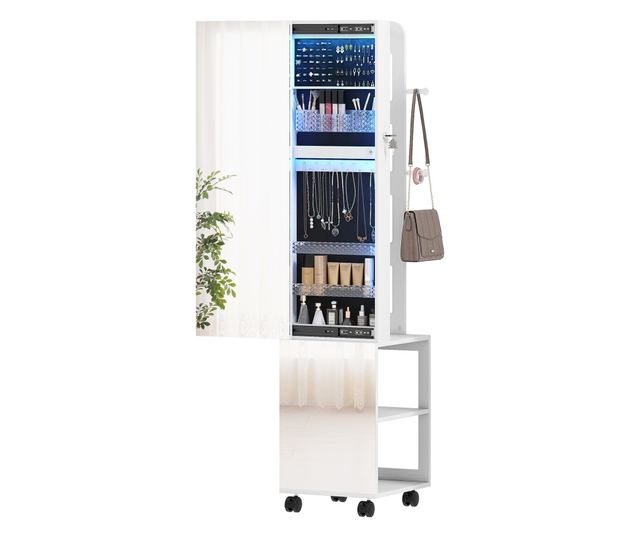 Forgatható ékszeres szekrény tükörrel, LED fénnyel és zárral, fekete