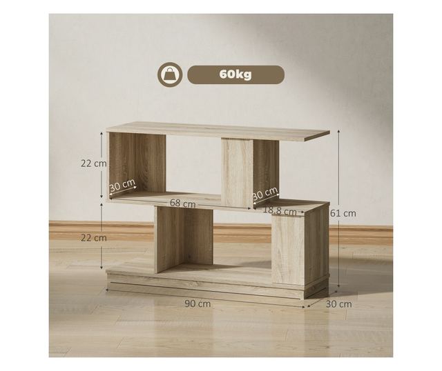 Modern S-alakú dohányzóasztal 4 polccal 90x30x61 cm Fa