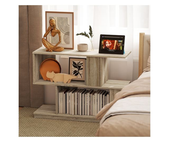 Modern S-alakú dohányzóasztal 4 polccal 90x30x61 cm Fa