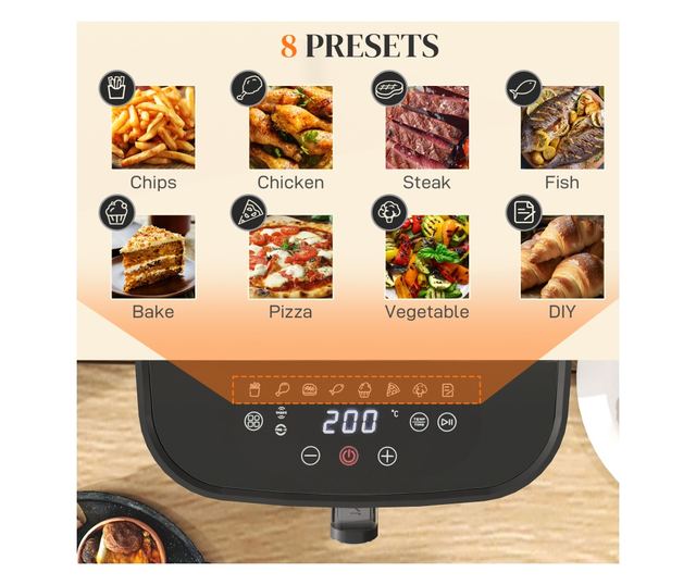 8L 1700W Air Fryer 8 Programmal és LED kijelzővel, Fekete