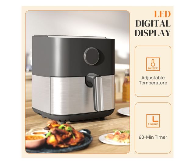 8L 1700W Air Fryer 8 Programmal és LED kijelzővel, Fekete