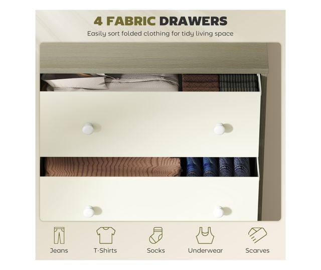 Modern komód 4 összecsukható fiókkal 58x30x91 cm, fehér és szürke