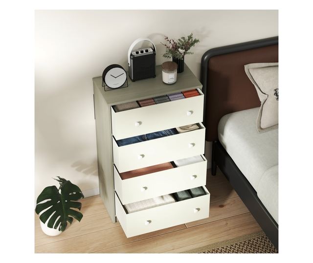 Modern komód 4 összecsukható fiókkal 58x30x91 cm, fehér és szürke