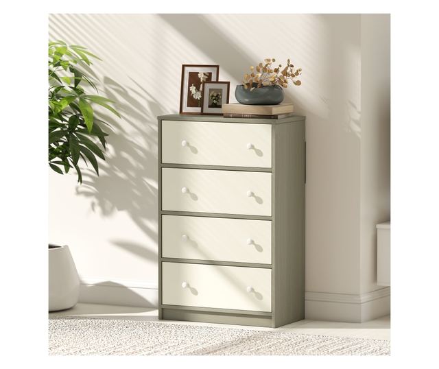 Modern komód 4 összecsukható fiókkal 58x30x91 cm, fehér és szürke