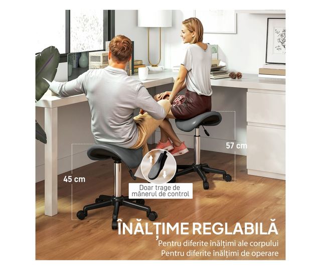 Állítható magasságú műbőr nyeregszék kerekekkel - Szürke