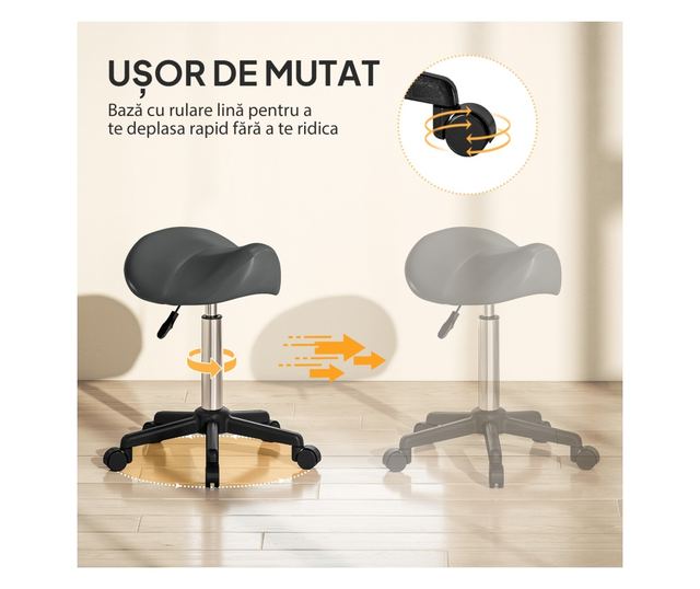Állítható magasságú műbőr nyeregszék kerekekkel - Szürke