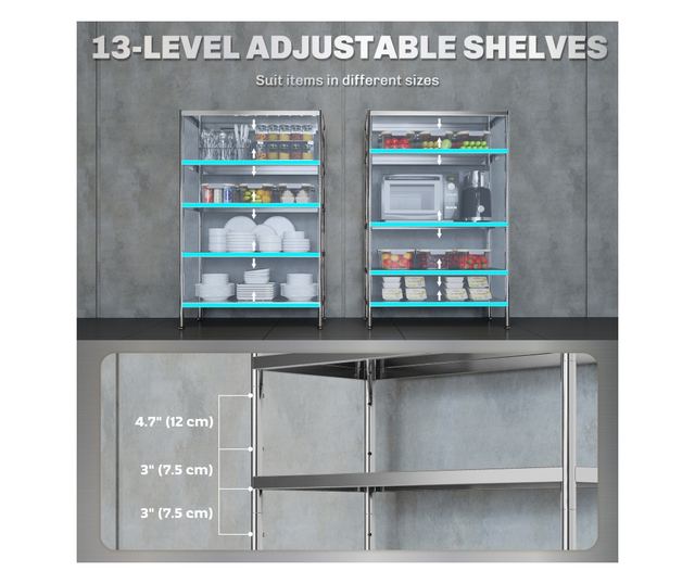 5 szintes, állítható konyhai polc 13 magassági szinttel, 201 rozsdamentes acél tároló fűszerekhez