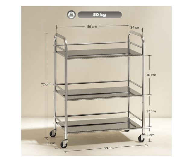 Multifunkcionális 3 szintes kocsi állítható középső polccal, 60x35x77 cm
