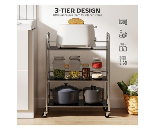 Multifunkcionális 3 szintes kocsi állítható középső polccal, 60x35x77 cm