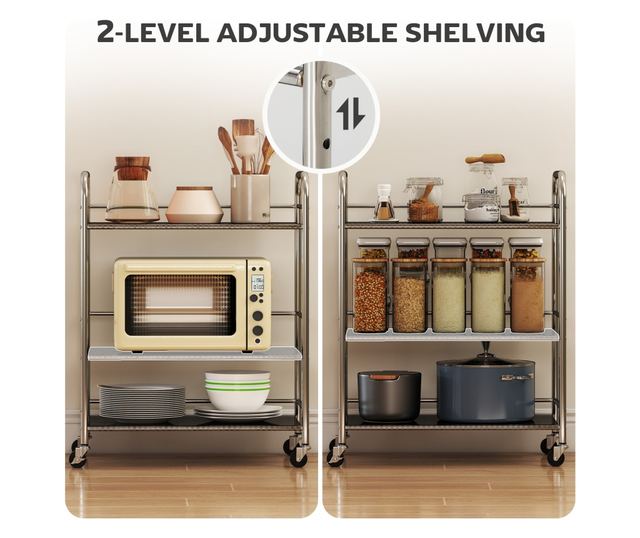 Multifunkcionális 3 szintes kocsi állítható középső polccal, 60x35x77 cm