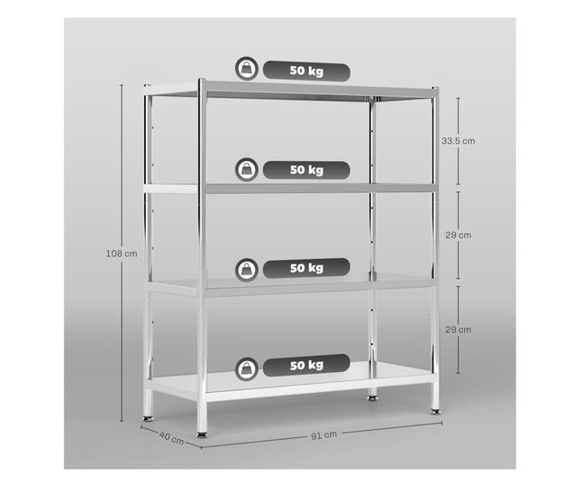 4 szintes rozsdamentes acél konyhai tárolóállvány 201 ezüst