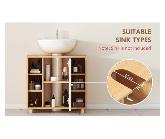 Mosdó alatti szekrény 2 puha záródású ajtóval és 6 polccal, természetes fa