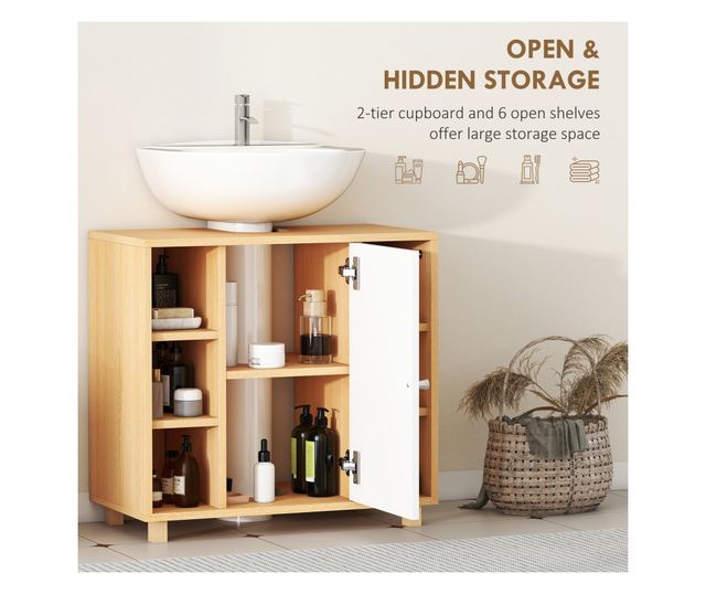 Mosdó alatti szekrény 2 puha záródású ajtóval és 6 polccal, természetes fa