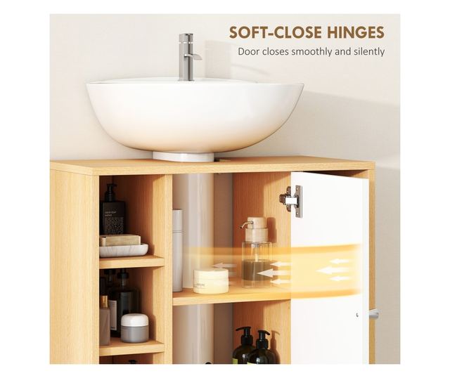 Mosdó alatti szekrény 2 puha záródású ajtóval és 6 polccal, természetes fa