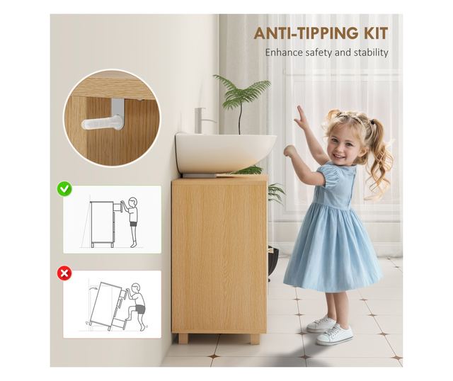 Mosdó alatti szekrény 2 puha záródású ajtóval és 6 polccal, természetes fa