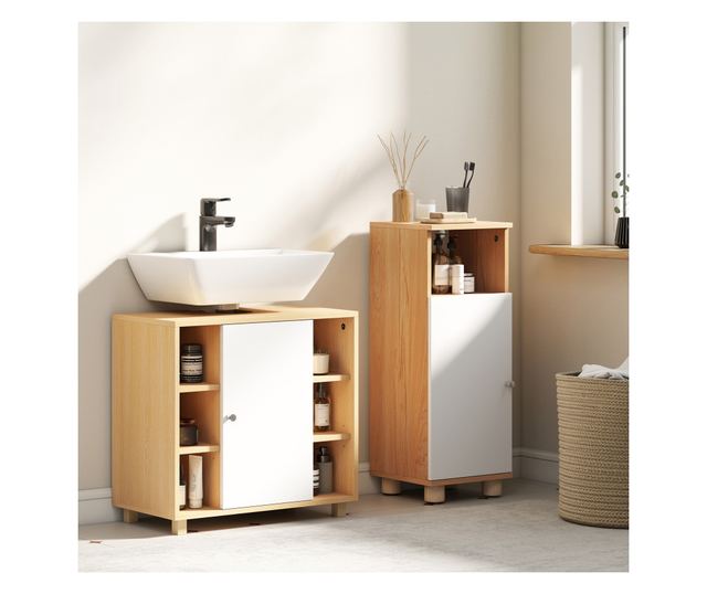 Mosdó alatti szekrény 2 puha záródású ajtóval és 6 polccal, természetes fa