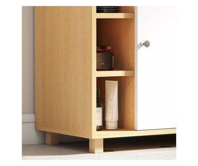 Mosdó alatti szekrény 2 puha záródású ajtóval és 6 polccal, természetes fa