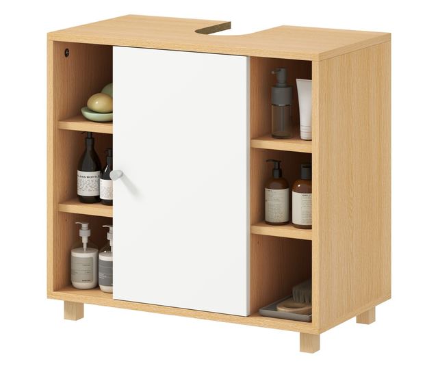 Mosdó alatti szekrény 2 puha záródású ajtóval és 6 polccal, természetes fa