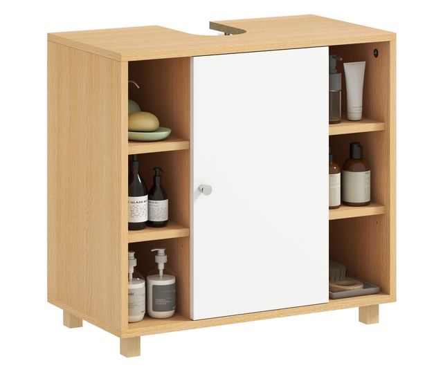 Mosdó alatti szekrény 2 puha záródású ajtóval és 6 polccal, természetes fa