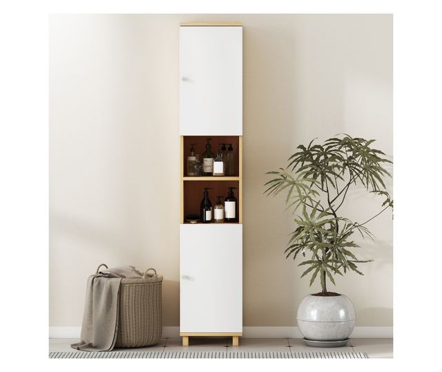 Magas fürdőszoba szekrény ajtókkal, 2 nyitott polccal, 2 szekrénnyel, helytakarékos fürdőszoba szekrény állítható polcokkal a Sa