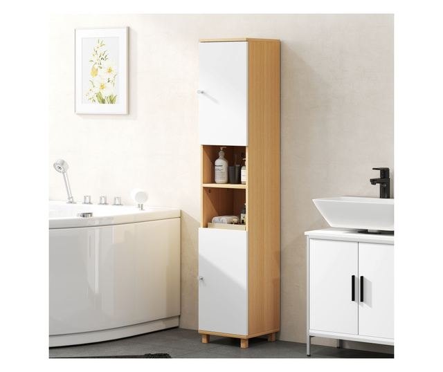 Magas fürdőszoba szekrény ajtókkal, 2 nyitott polccal, 2 szekrénnyel, helytakarékos fürdőszoba szekrény állítható polcokkal a Sa