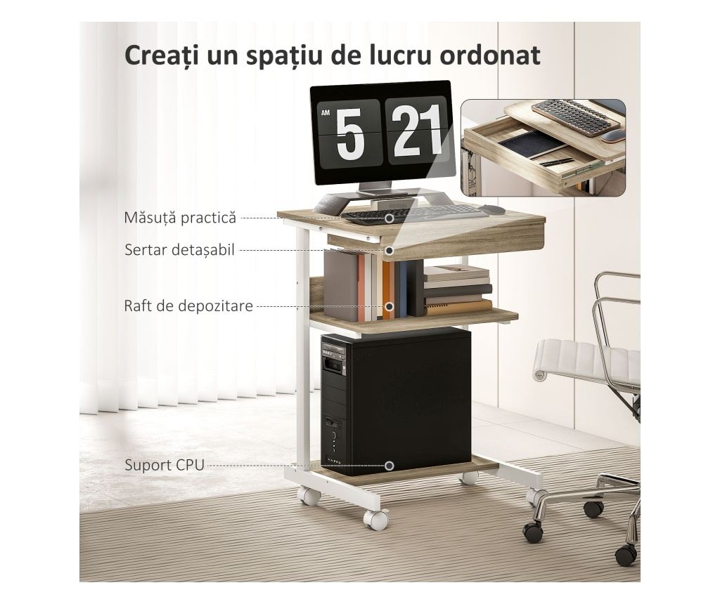 Birou PC cu Sertar Glisant și 2 Rafturi Deschise Alb și Stejar - 4