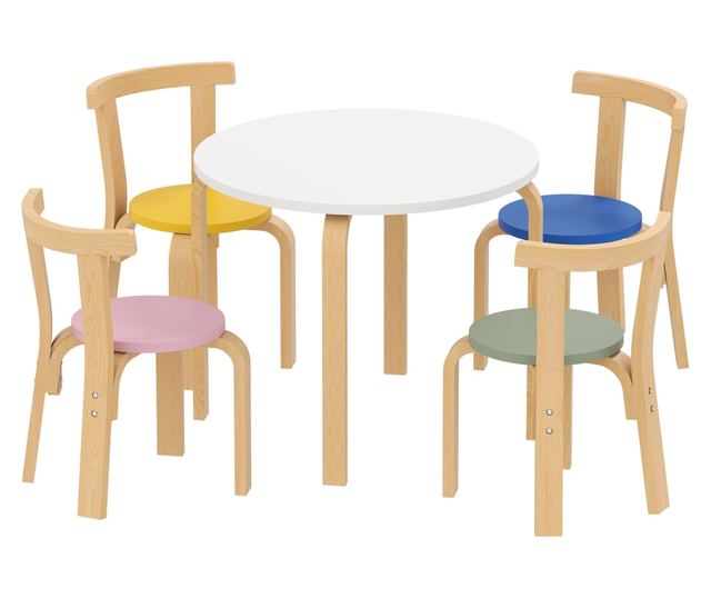 Gyerek Asztal és Szék Szett 3-8 Éveseknek, 5 Részes, Lekerekített Élekkel, Többszínű Fa