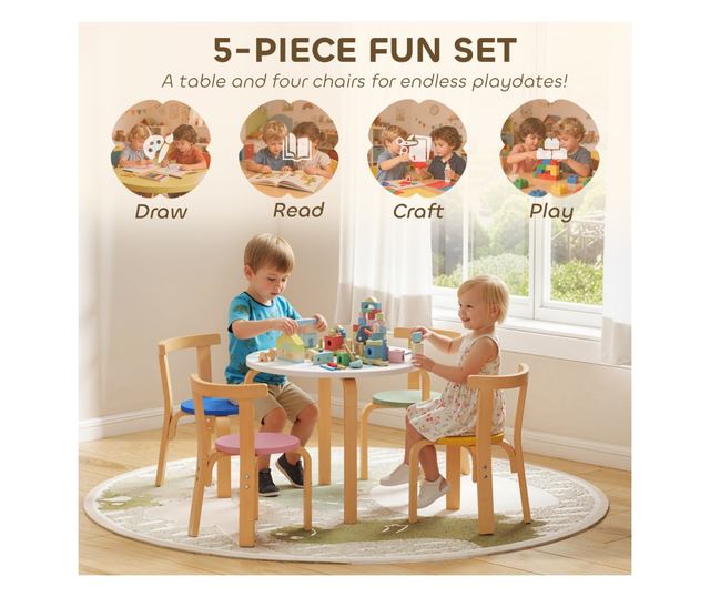 Gyerek Asztal és Szék Szett 3-8 Éveseknek, 5 Részes, Lekerekített Élekkel, Többszínű Fa