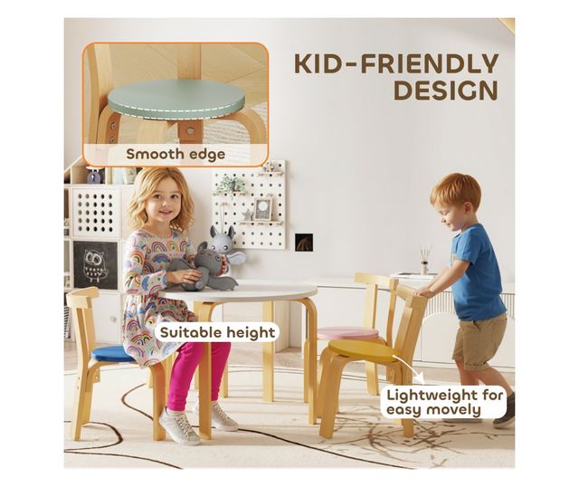 Gyerek Asztal és Szék Szett 3-8 Éveseknek, 5 Részes, Lekerekített Élekkel, Többszínű Fa