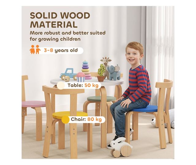 Gyerek Asztal és Szék Szett 3-8 Éveseknek, 5 Részes, Lekerekített Élekkel, Többszínű Fa