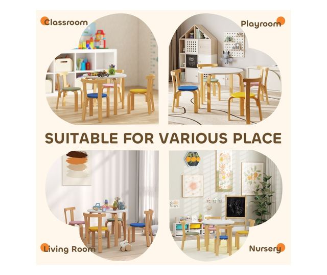 Gyerek Asztal és Szék Szett 3-8 Éveseknek, 5 Részes, Lekerekített Élekkel, Többszínű Fa