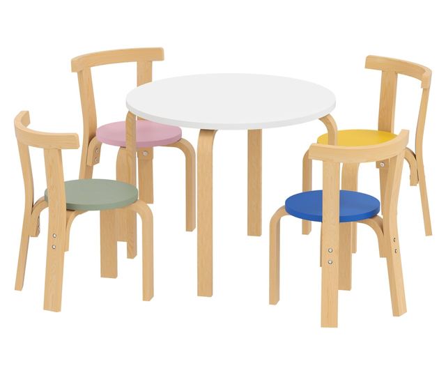 Gyerek Asztal és Szék Szett 3-8 Éveseknek, 5 Részes, Lekerekített Élekkel, Többszínű Fa