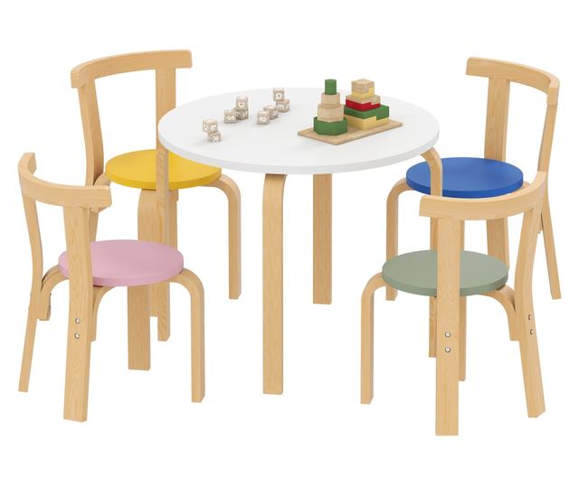 Gyerek Asztal és Szék Szett 3-8 Éveseknek, 5 Részes, Lekerekített Élekkel, Többszínű Fa