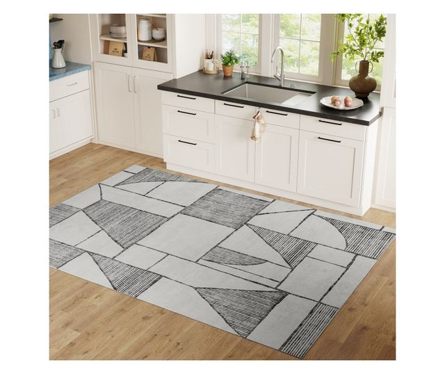 Modern csúszásmentes poliészter szőnyeg geometrikus vonalakkal, többszínű
