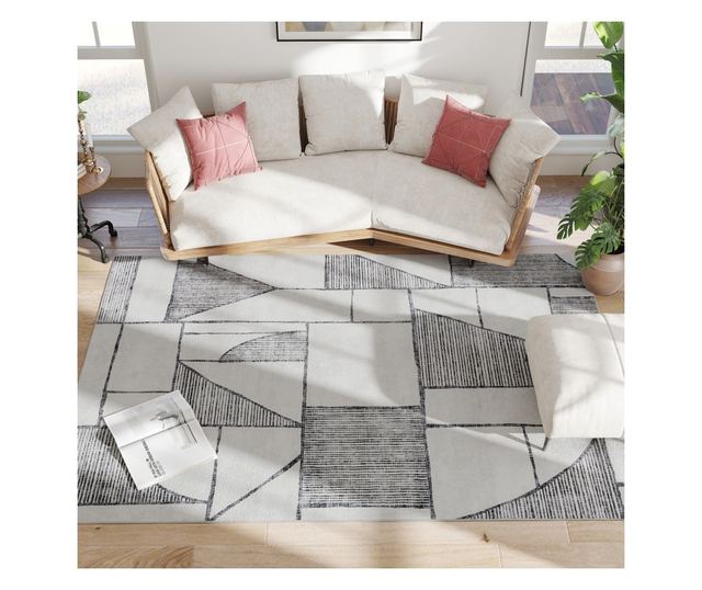 Modern csúszásmentes poliészter szőnyeg geometrikus vonalakkal, többszínű