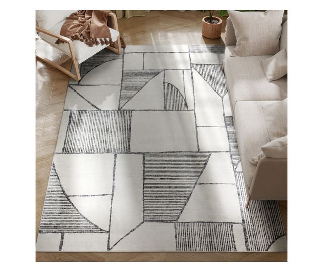 Modern csúszásmentes poliészter szőnyeg geometrikus vonalakkal, többszínű