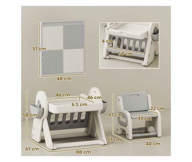 Multifunkciós Gyerek Asztal és Szék Szett - Fehér Szürke HDPE & PP