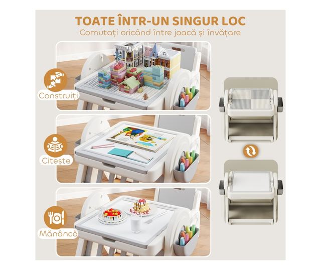 Multifunkciós Gyerek Asztal és Szék Szett - Fehér Szürke HDPE & PP