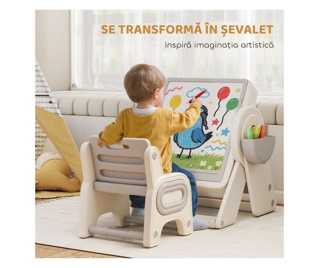 Multifunkciós Gyerek Asztal és Szék Szett - Fehér Szürke HDPE & PP