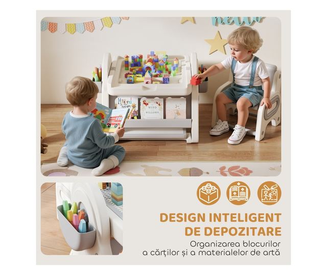 Multifunkciós Gyerek Asztal és Szék Szett - Fehér Szürke HDPE & PP