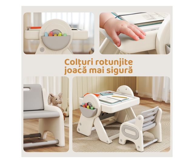 Multifunkciós Gyerek Asztal és Szék Szett - Fehér Szürke HDPE & PP