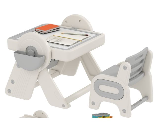 Multifunkciós Gyerek Asztal és Szék Szett - Fehér Szürke HDPE & PP