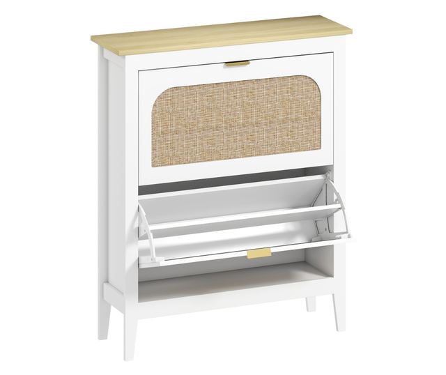 Bohém stílusú keskeny cipőszekrény 2 lehajtható fiókkal, 14 pár cipőhöz, fehér