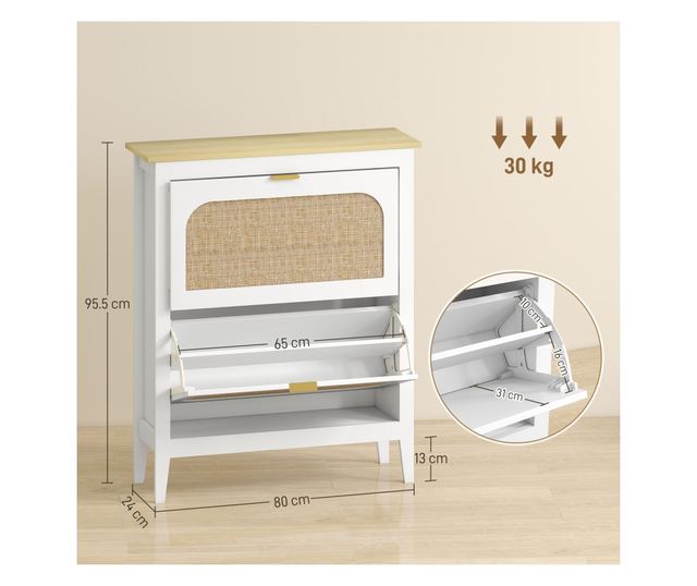 Bohém stílusú keskeny cipőszekrény 2 lehajtható fiókkal, 14 pár cipőhöz, fehér