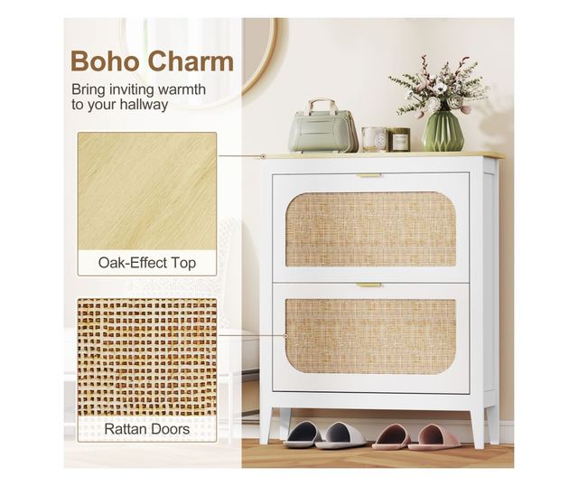 Bohém stílusú keskeny cipőszekrény 2 lehajtható fiókkal, 14 pár cipőhöz, fehér