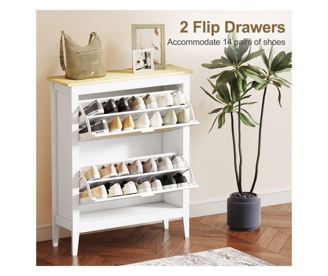 Bohém stílusú keskeny cipőszekrény 2 lehajtható fiókkal, 14 pár cipőhöz, fehér
