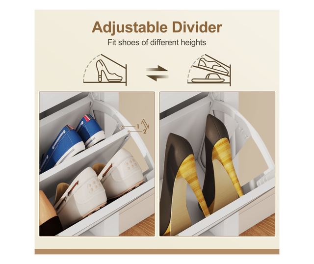 Bohém stílusú keskeny cipőszekrény 2 lehajtható fiókkal, 14 pár cipőhöz, fehér