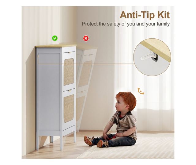 Bohém stílusú keskeny cipőszekrény 2 lehajtható fiókkal, 14 pár cipőhöz, fehér