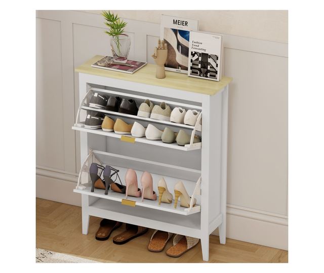 Bohém stílusú keskeny cipőszekrény 2 lehajtható fiókkal, 14 pár cipőhöz, fehér