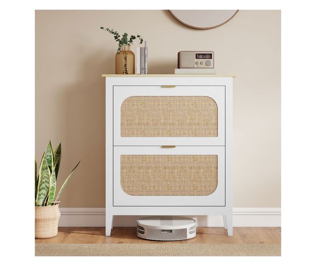 Bohém stílusú keskeny cipőszekrény 2 lehajtható fiókkal, 14 pár cipőhöz, fehér